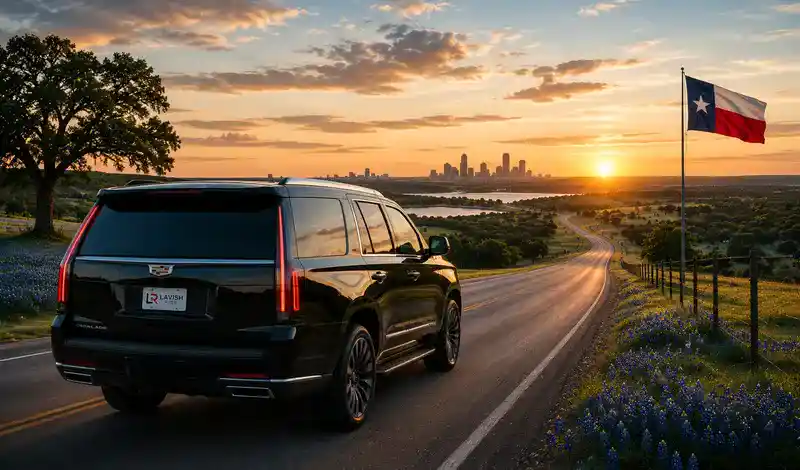 Cadillac Escalade with Lavish Ride logo traveling across Texas on a scenic highway for a luxury long-distance road trip.